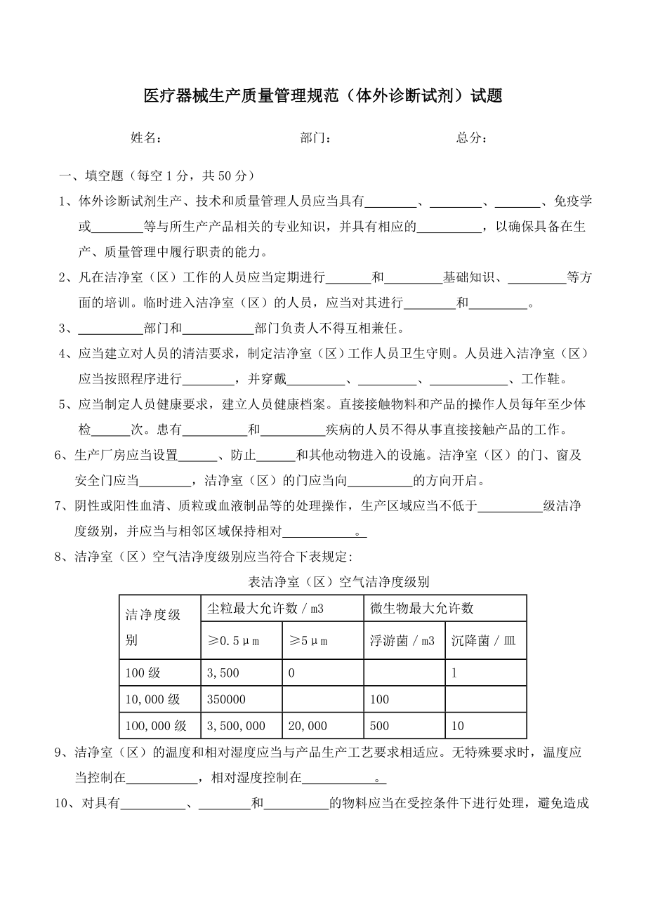 (完整版)医疗器械生产质量管理规范(体外诊断试剂)试题及答案.doc_第1页