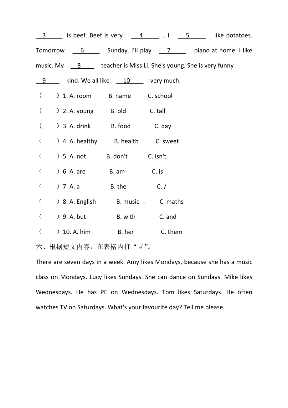 (完整)最新人教版PEP小学五年级上册英语专项练习阅读理解.doc_第3页