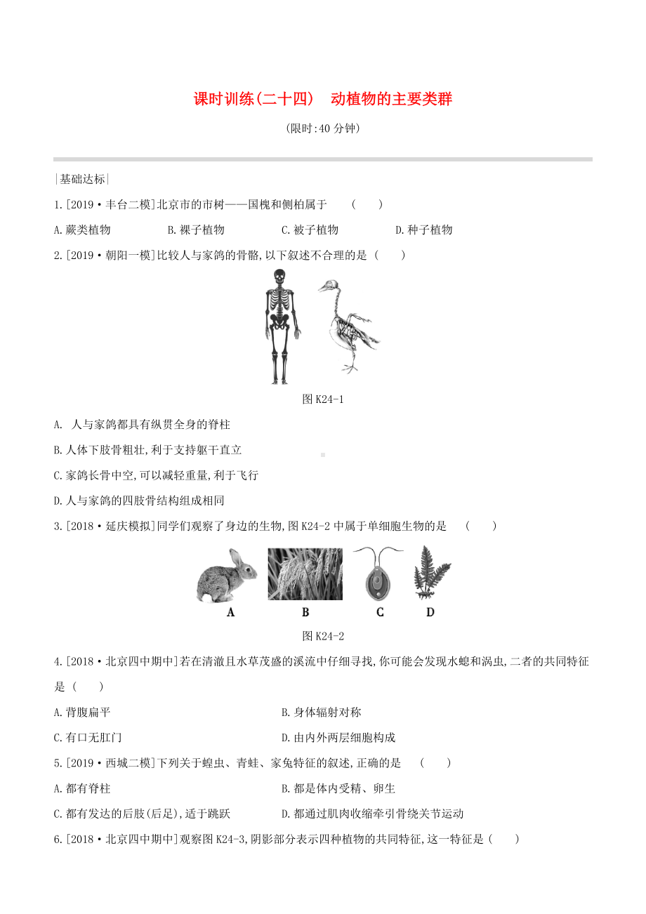 (北京专版)中考生物复习主题八生物的多样性课时训练24动植物的主要类群.docx_第1页