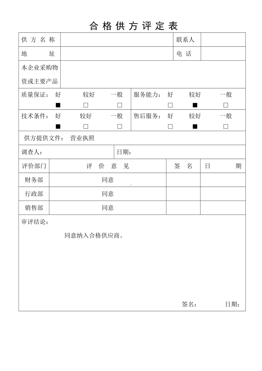 合格供方评定记录参考模板范本.doc_第1页