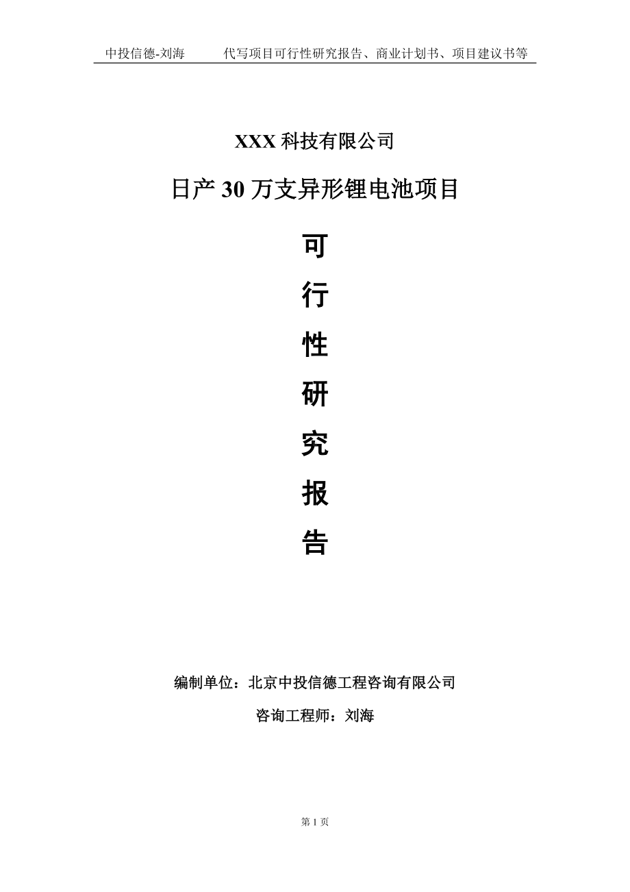 日产30万支异形锂电池项目可行性研究报告写作模板定制代写.doc_第1页