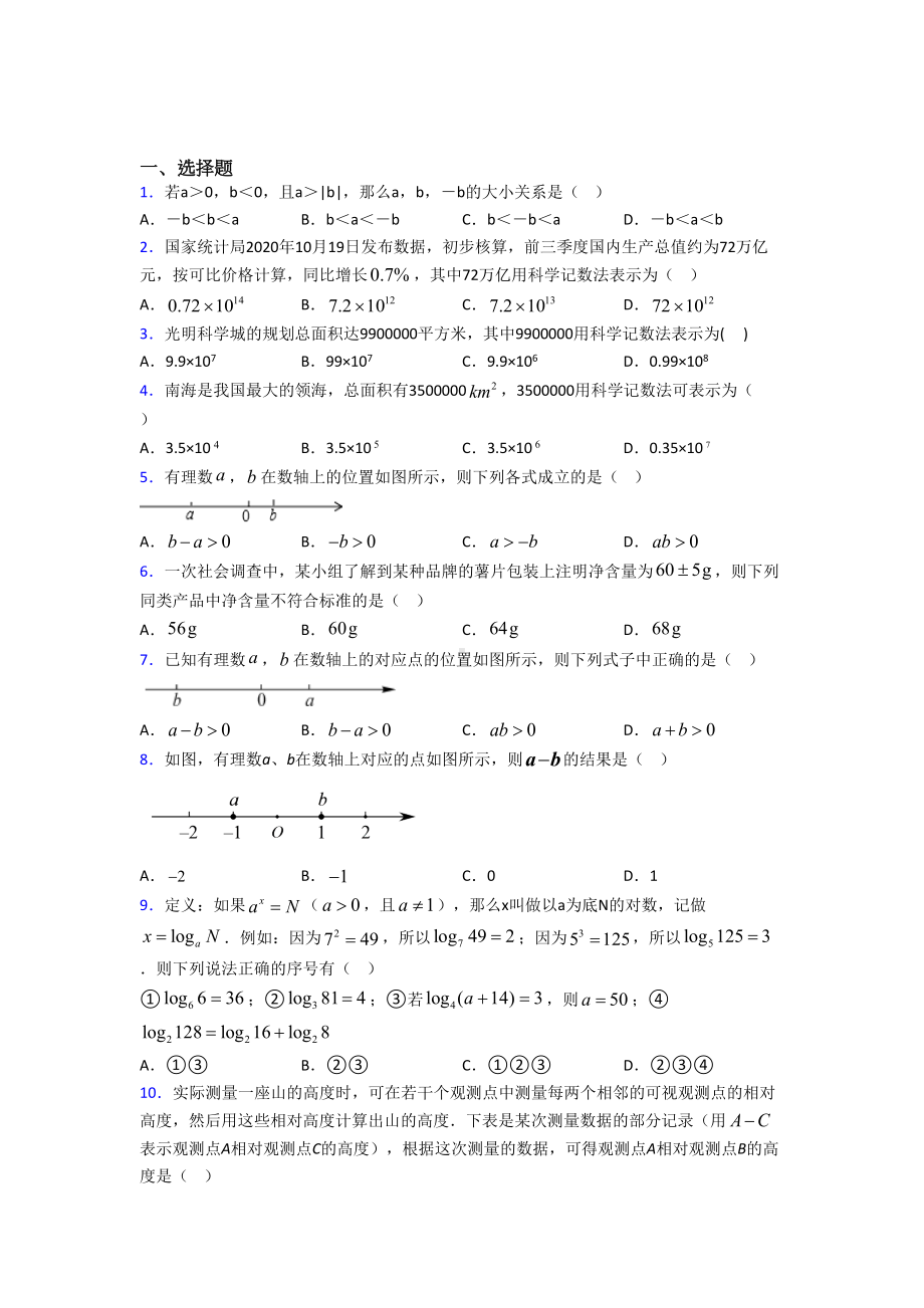 (北师大版)郑州市七年级数学上册第二单元《有理数及其运算》测试(含答案解析).doc_第1页