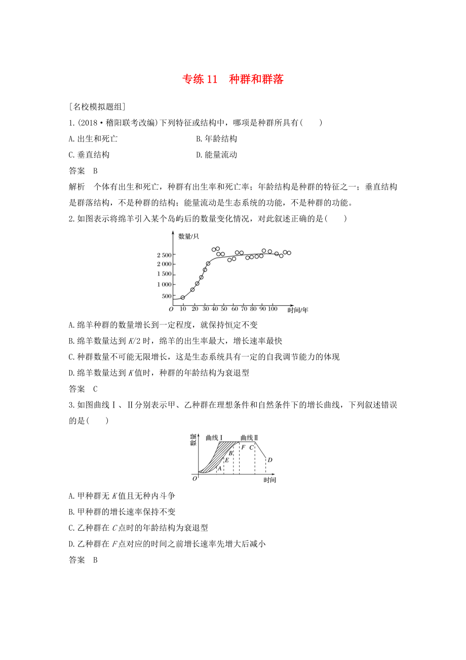 (新人教版)最新版高考生物二轮专题复习-必考选择题对点专练11-种群和群落（经典练习）.doc_第1页