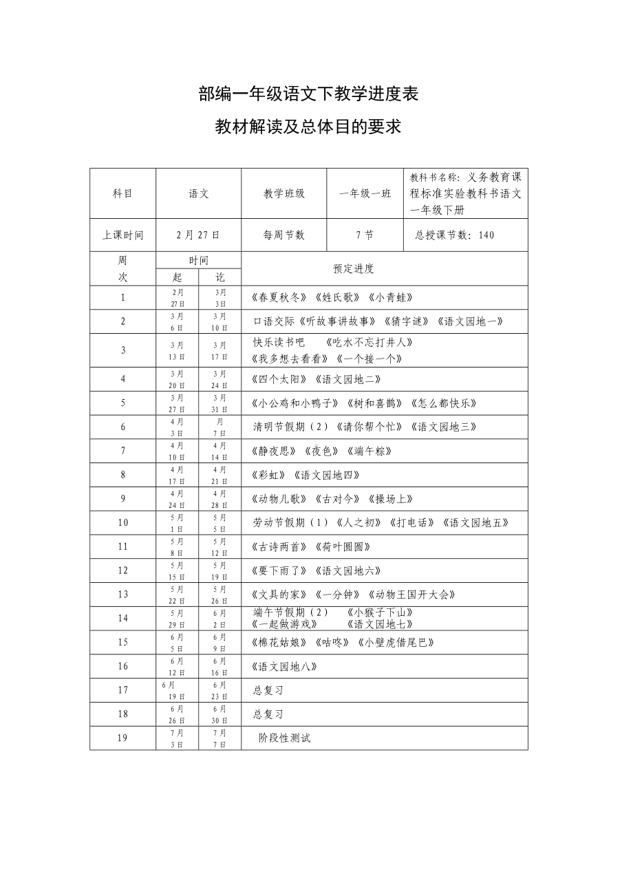 (完整版)部编一年级语文下册教学进度表.doc_第1页