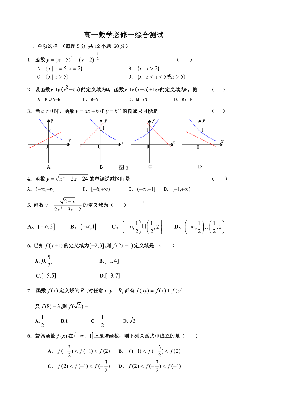 (完整版)新人教版高一数学必修一综合测试含答案解析.doc_第1页