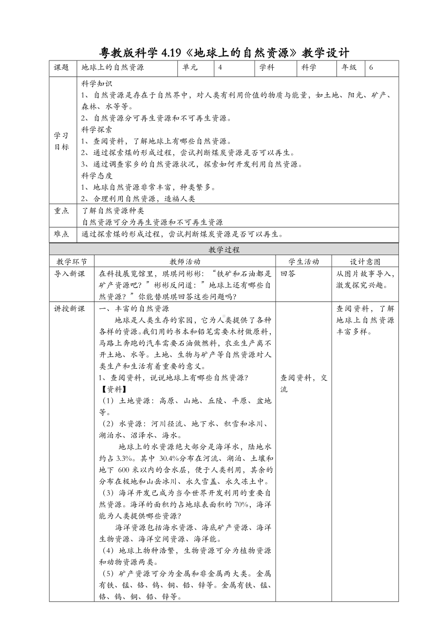 (新教材)粤教粤科版六年级下册科学-4.19-地球上的自然资源-教案(教学设计).doc_第1页