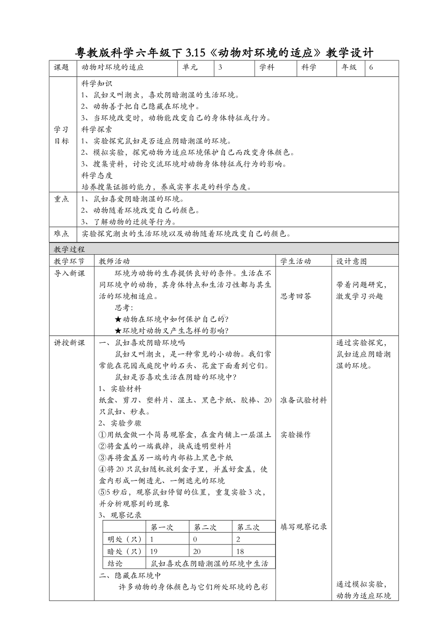 (新教材)粤教粤科版六年级下册科学-3.15-动物对环境的适应-教案(教学设计).doc_第1页