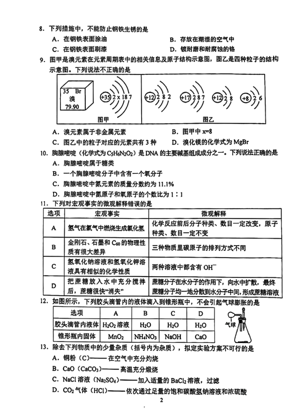 2023届江苏省南京市建邺区九年级中考一模化学试卷+答案.pdf_第2页