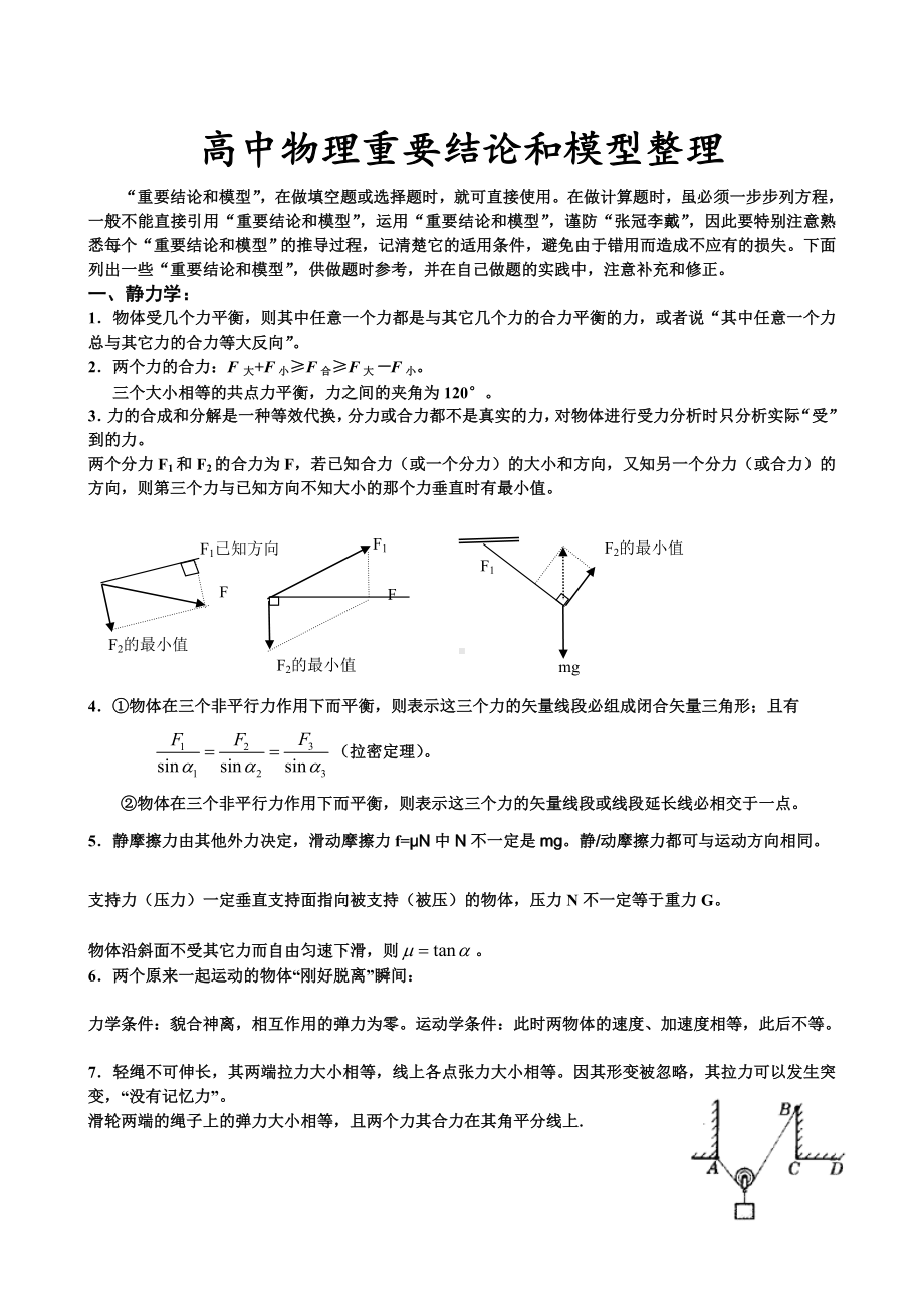 (完整版)高中物理重要结论和模型整理.doc_第1页