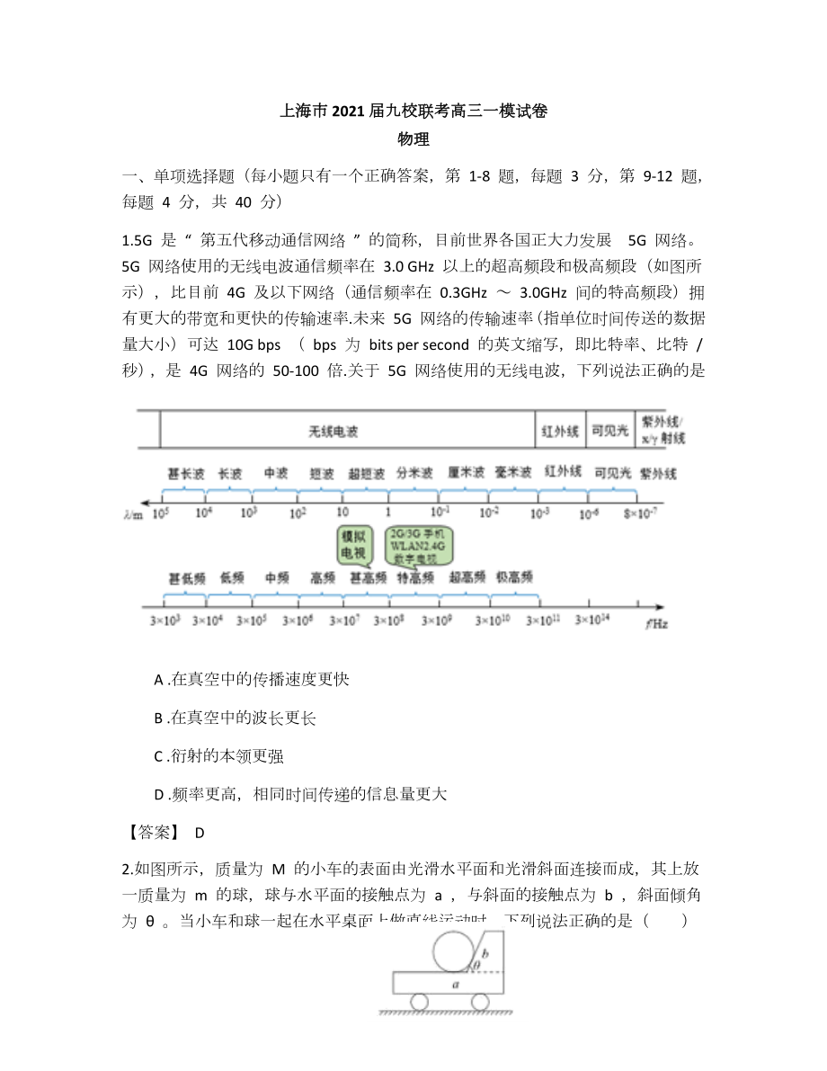 2021届上海市高三上学期九校联考一模物理试卷.docx_第1页