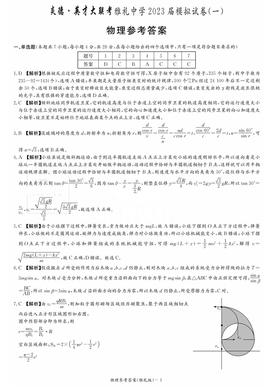 2023雅礼一模物理卷解析.pdf_第1页