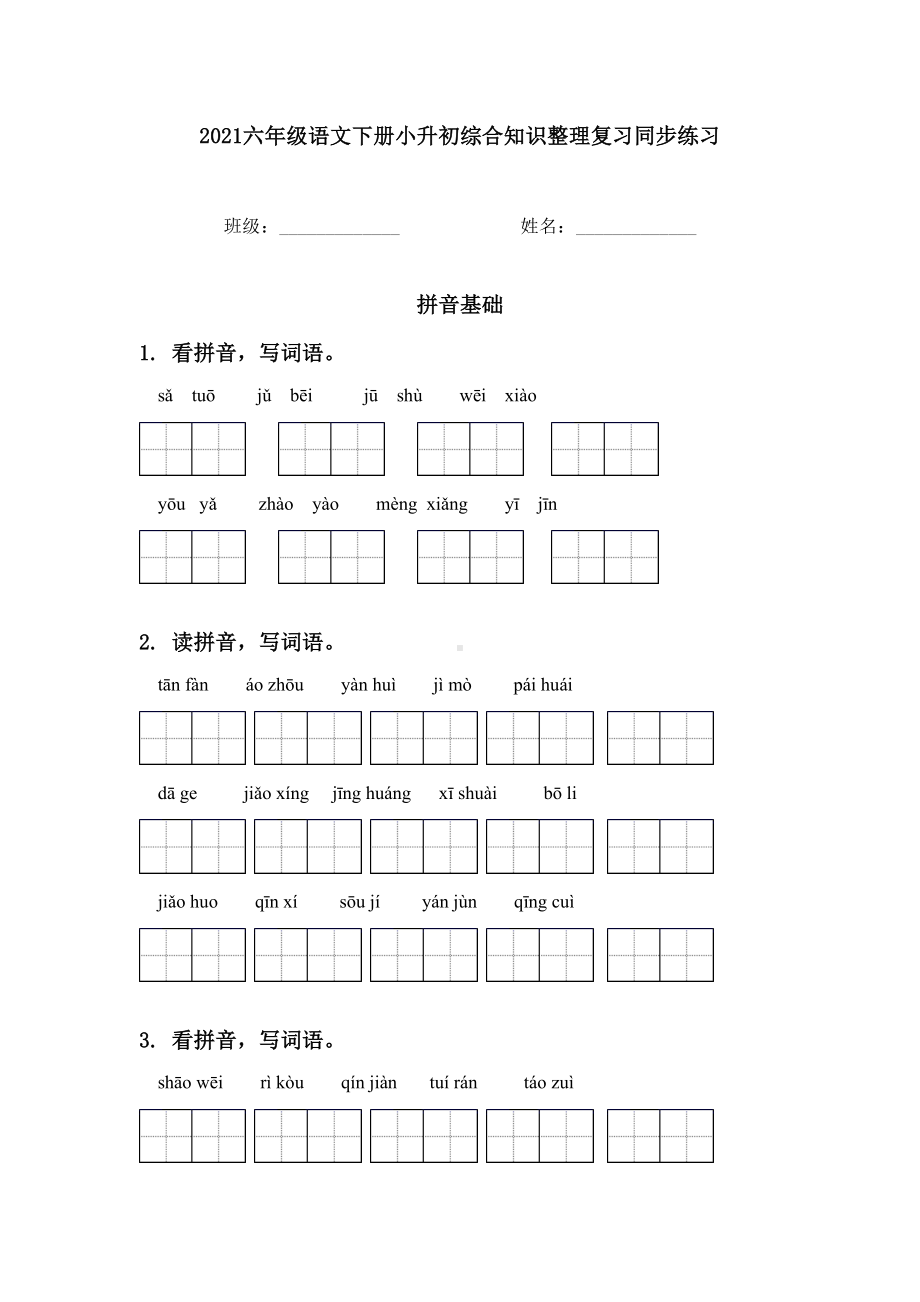 2021六年级语文下册小升初综合知识整理复习同步练习.doc_第1页