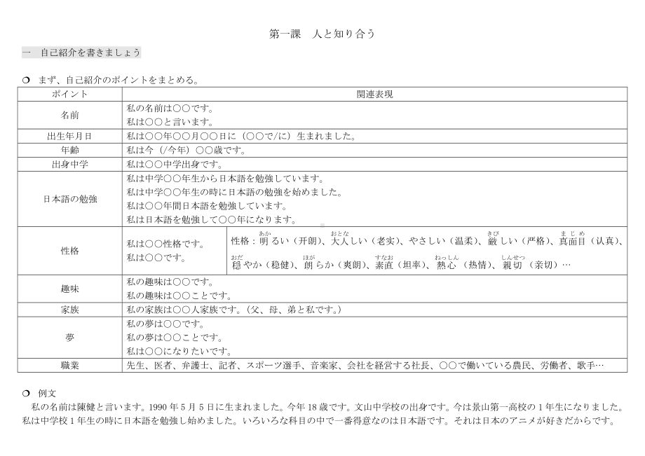 第一课 人と知り合う 配套作文积累讲义-2023新人教版《高中日语》必修第一册.docx_第1页