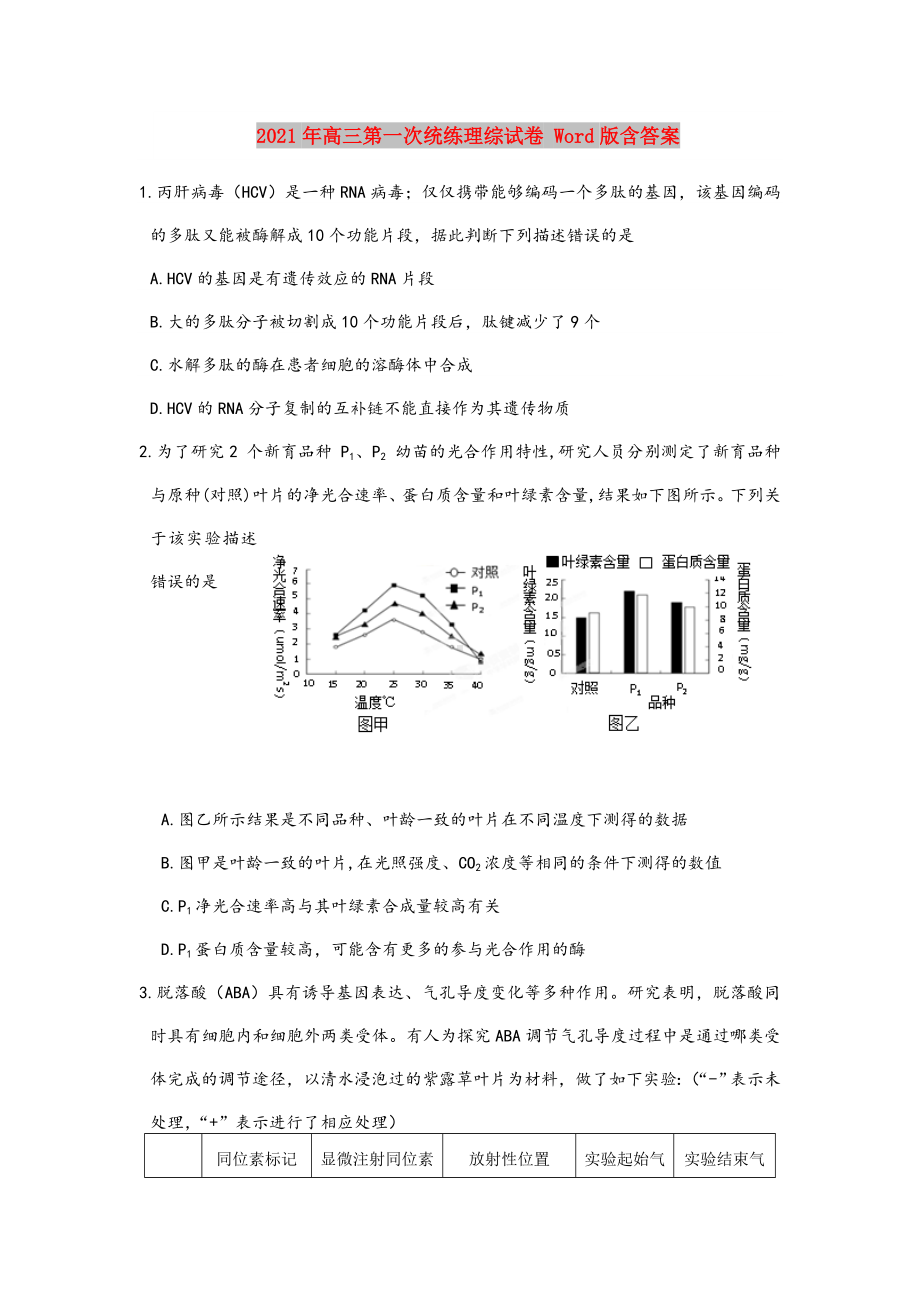 2021-2022年高三第一次统练理综试卷-Word版含答案.doc_第1页