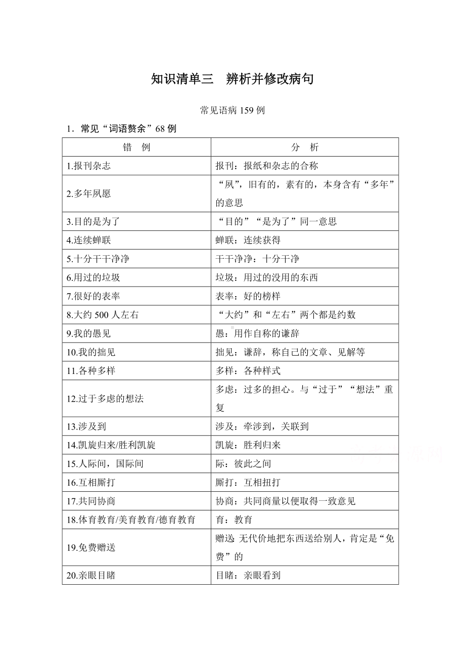 2021届新高考语文一轮总复习教学案：知识清单三-辨析并修改病句-Word版含解析.doc_第1页