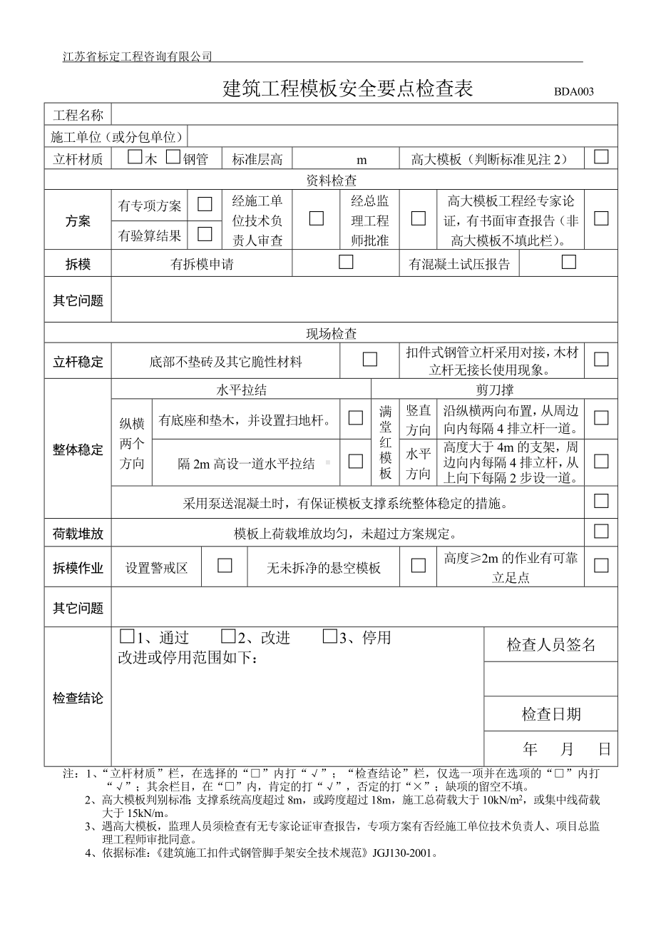 建筑工程模板安全要点检查表参考模板范本.doc_第1页