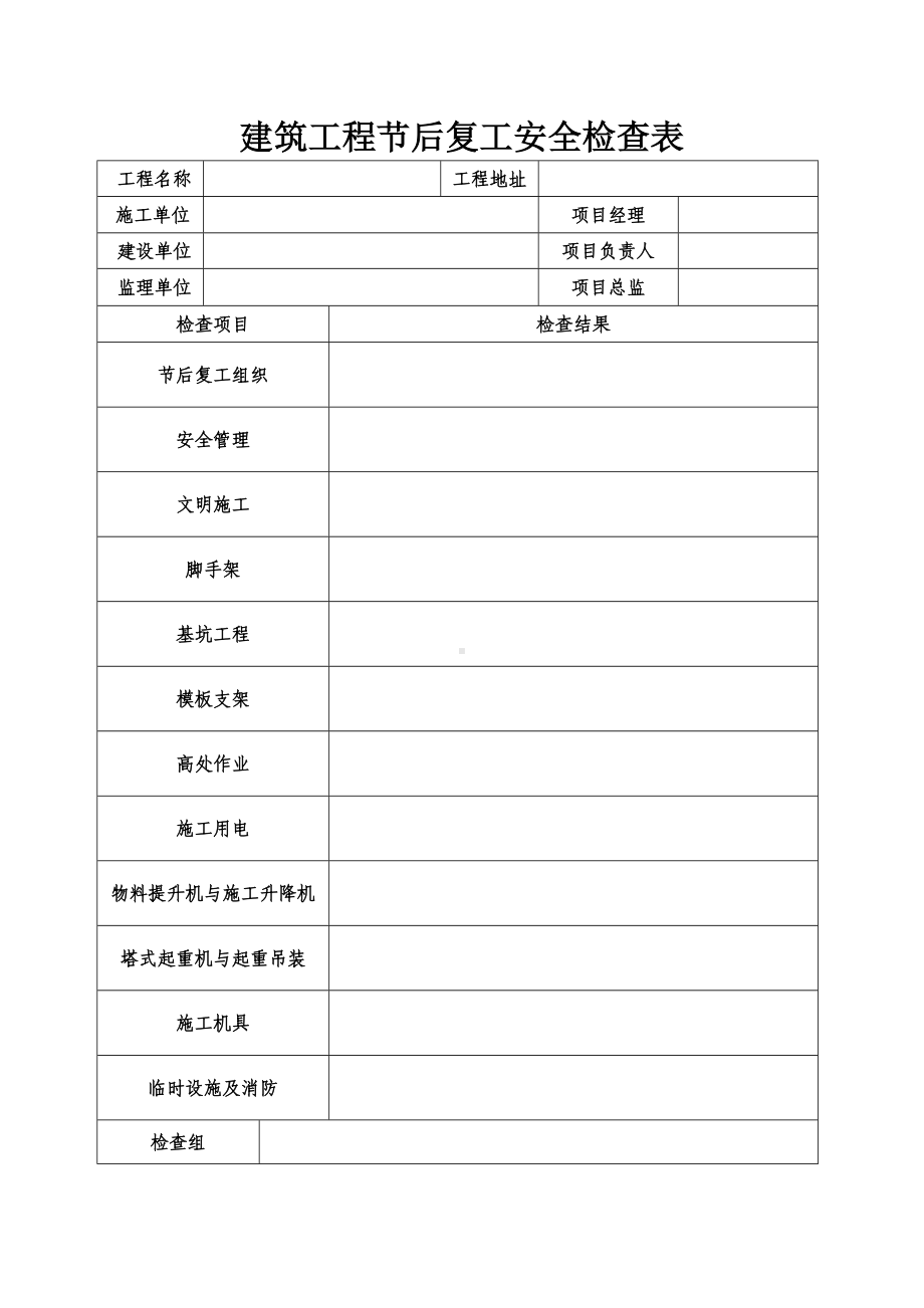 建筑工程节后复工安全检查表参考模板范本.doc_第1页