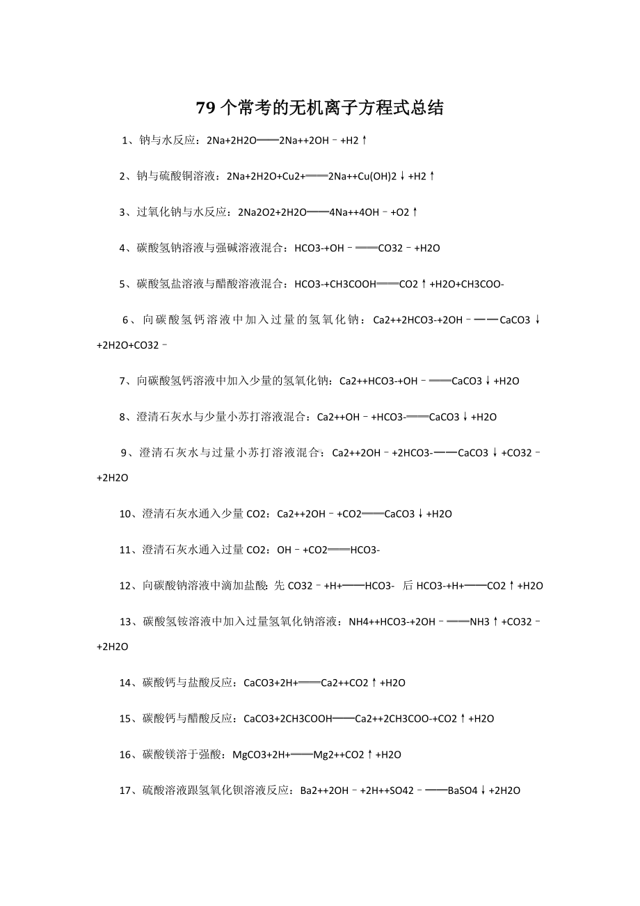 (高考)高中化学79个常考的无机离子方程式总结.docx_第1页