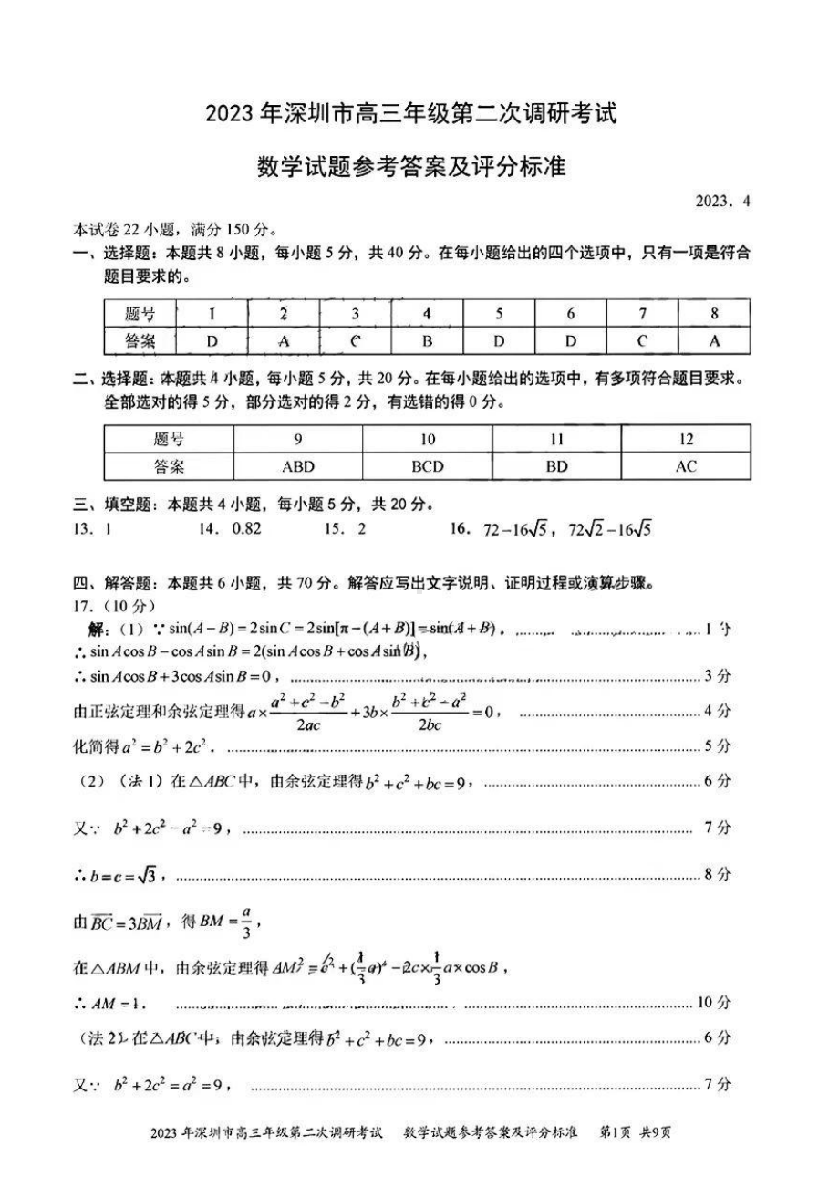 2023年深圳市高三年级第二次调研考试 数学答案.pdf_第1页