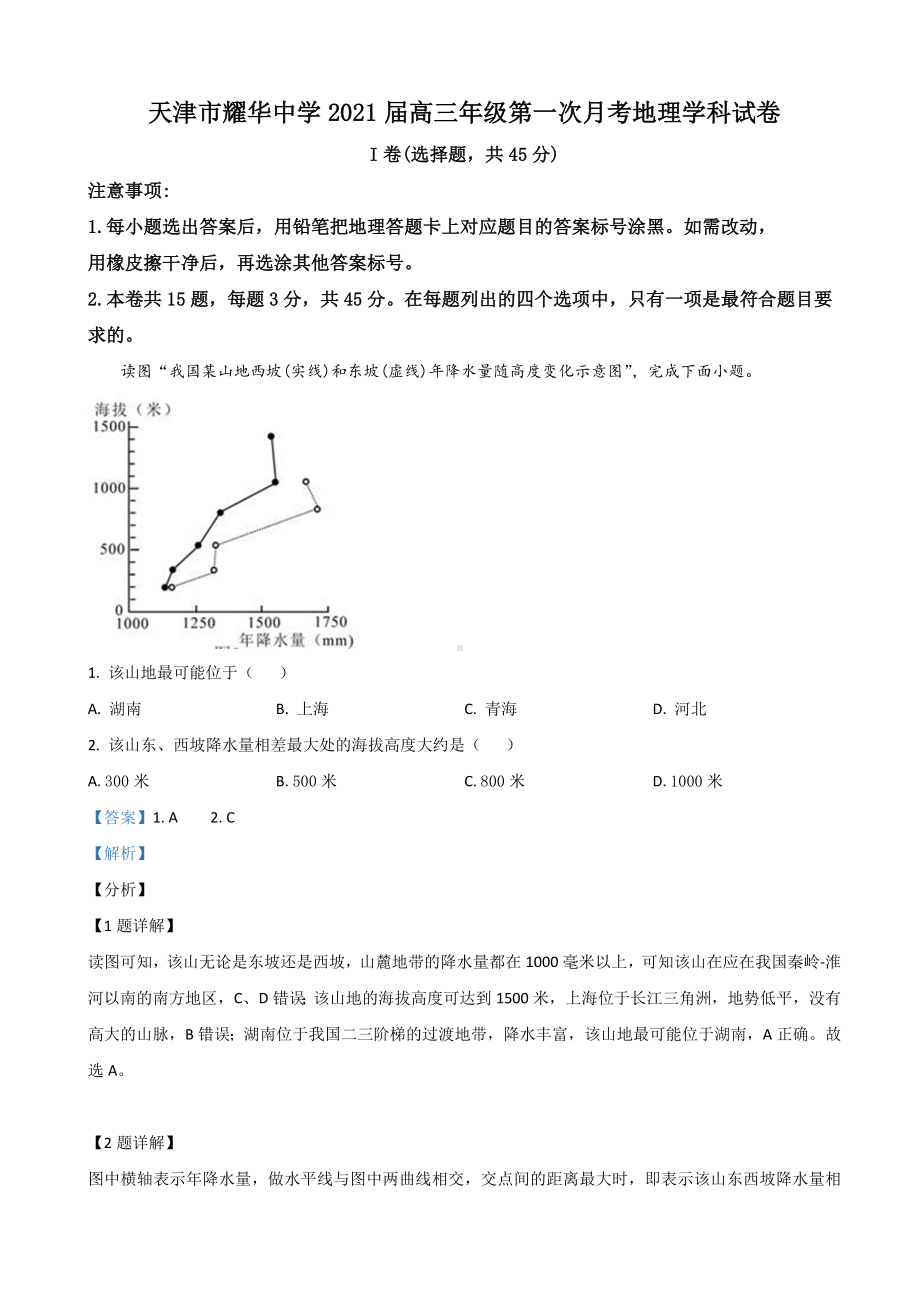 2021届天津市XX中学高三上学期第一次月考地理试题(解析版).doc_第1页