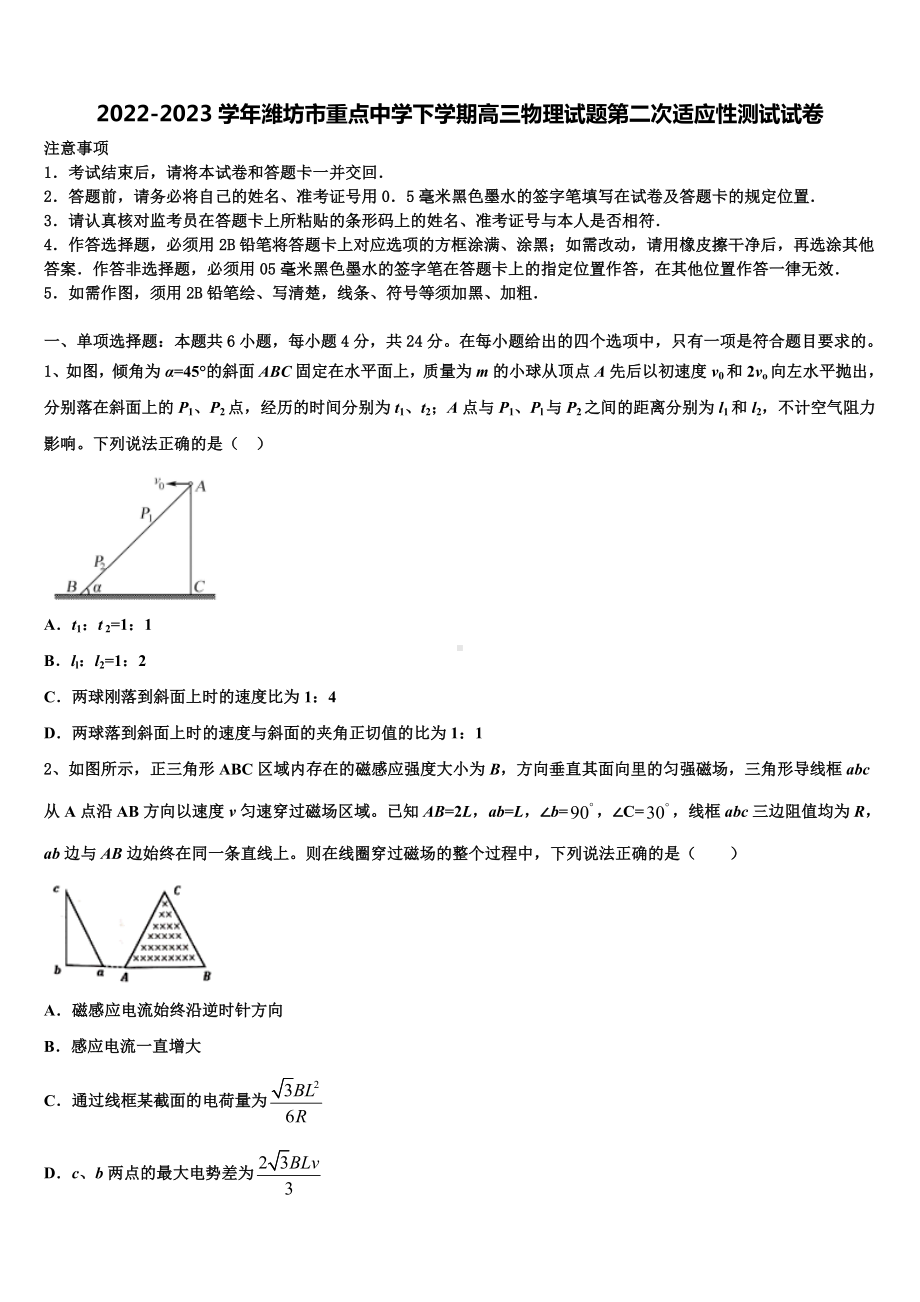 2022-2023学年潍坊市重点中学下学期高三物理试题第二次适应性测试试卷.doc_第1页