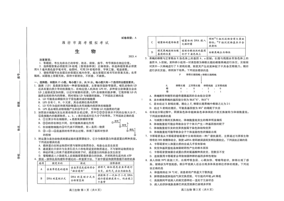 2023届山东省潍坊市高三二模生物试题.docx_第1页