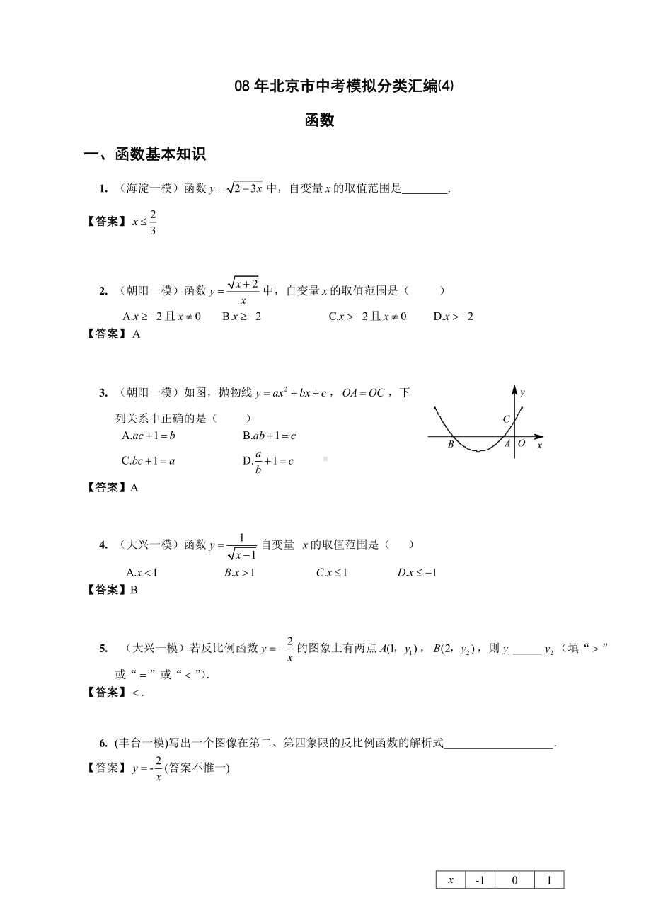 08年北京市中考模拟分类汇编⑷-函数.doc_第1页