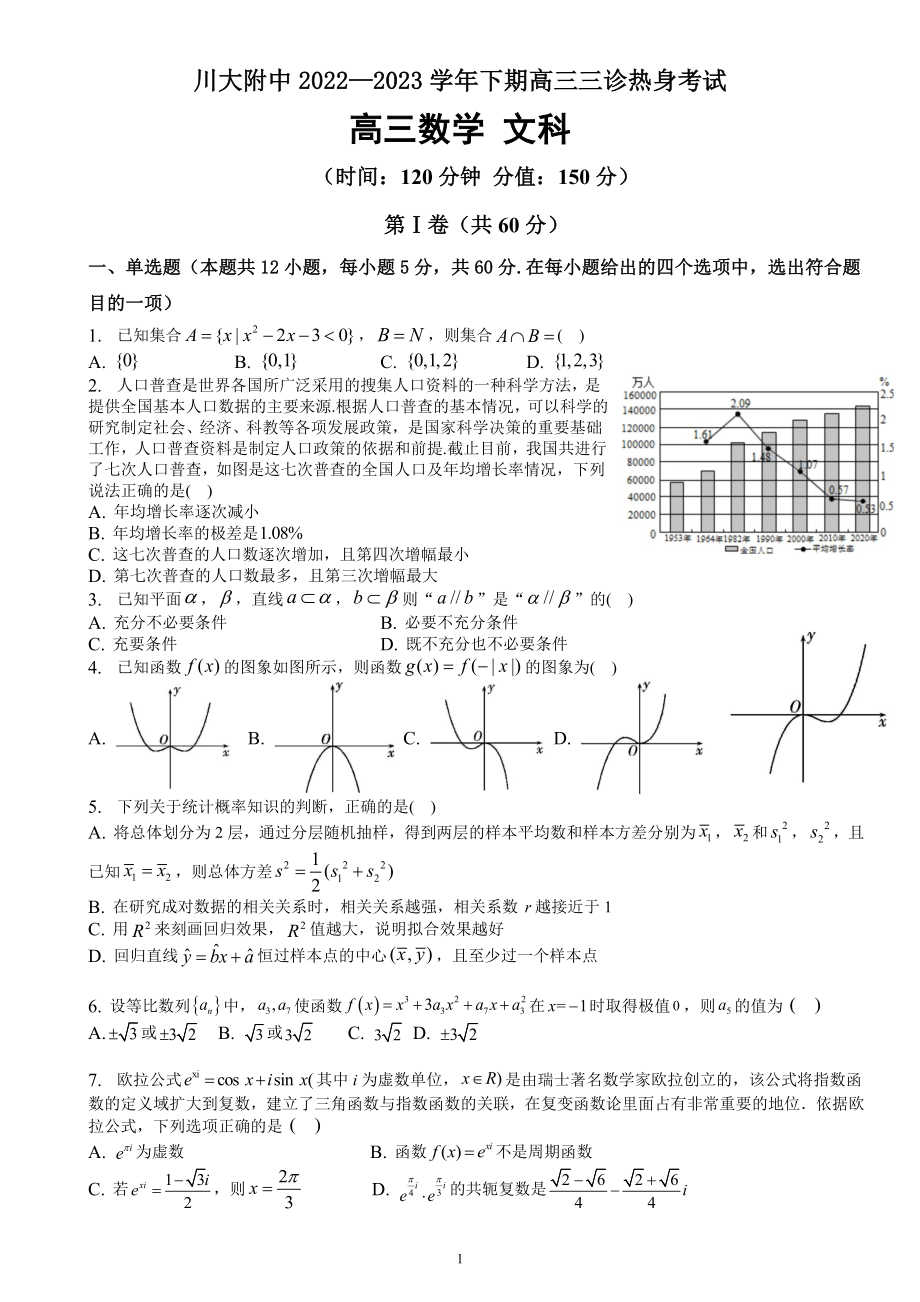 四川省成都市第十二 （川大附 ）2022-2023学年高三下学期三诊热身考试数学文科试题 .docx_第1页