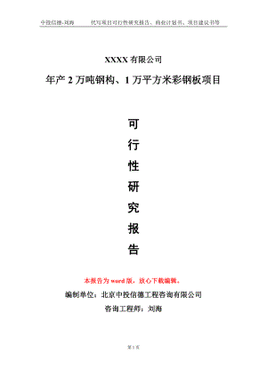 年产2万吨钢构、1万平方米彩钢板项目可行性研究报告模板备案审批定制.doc