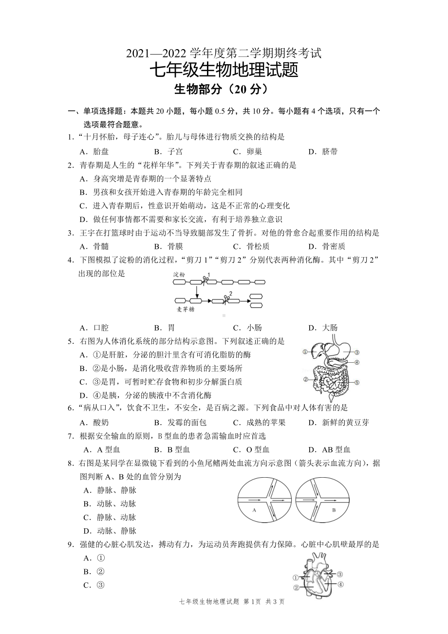 江苏盐城市2021-2022七年级初一下学期期末生物试卷.pdf_第1页