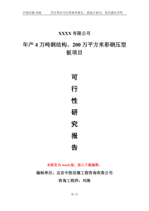 年产4万吨钢结构、200万平方米彩钢压型板项目可行性研究报告模板备案审批定制.doc