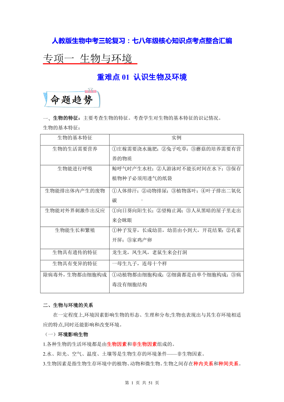 人教版生物中考三轮复习：七八年级核心知识点考点整合汇编（实用必备！）.docx_第1页