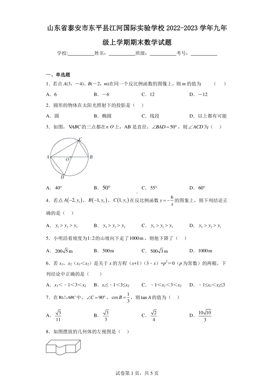 山东省泰安市东平县江河国际实验学校2022-2023学年九年级上学期期末数学试题.pdf_第1页