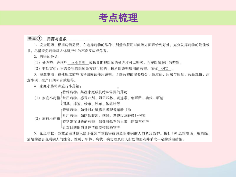 2019年中考生物总复习第八单元第三章了解自己增进降第二章用药与急救课件201901222104.ppt_第3页