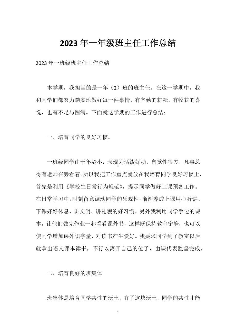 2023年一年级班主任工作总结模板范本.docx_第1页