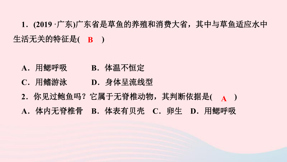 八年级生物上册第五单元生物圈中的其他生物第一章动物的主要类群第四节鱼作业课件新版新人教版.ppt_第3页