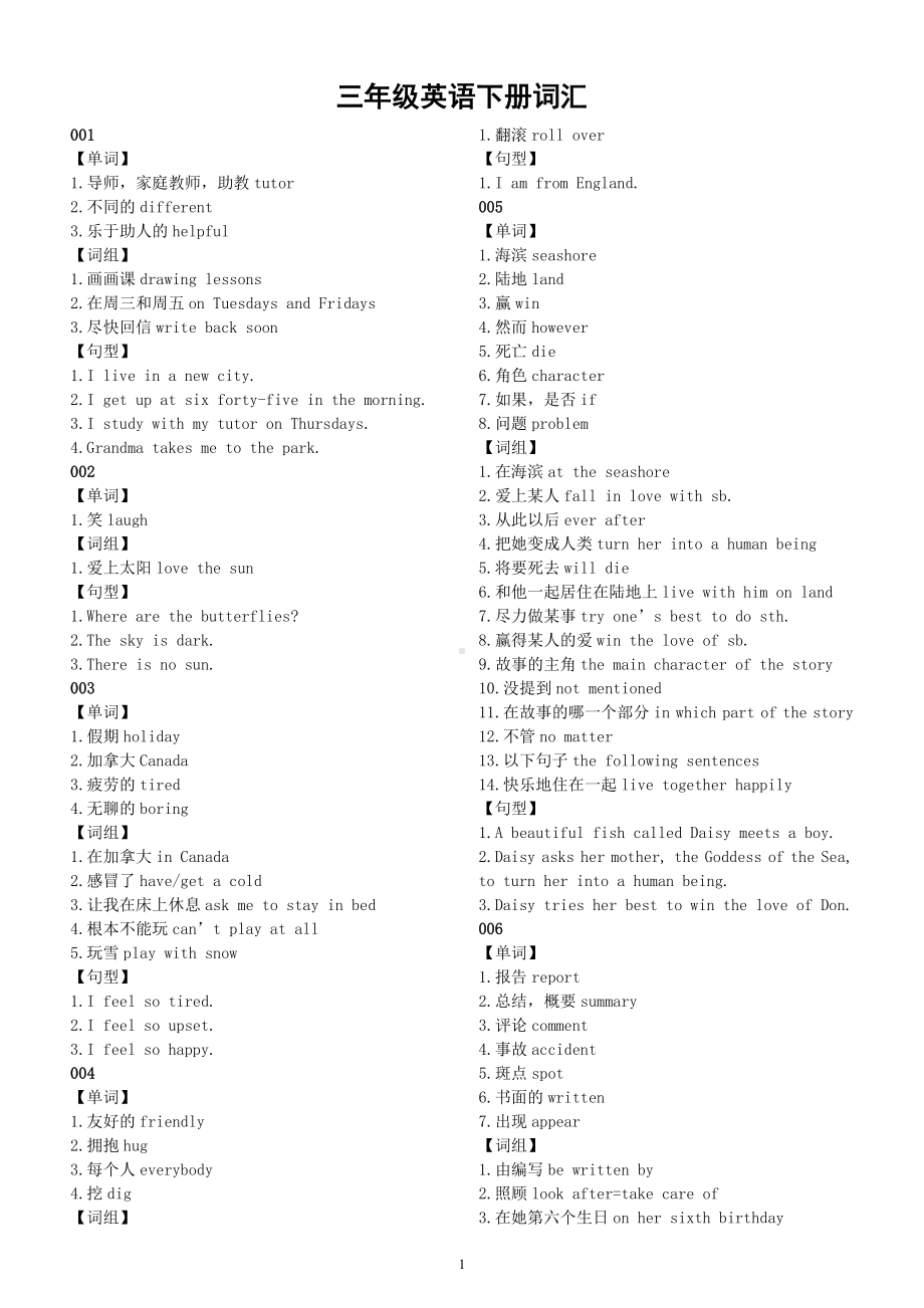 小学英语三年级下册词汇整理（单词+词组+句型）（共10组）.docx_第1页