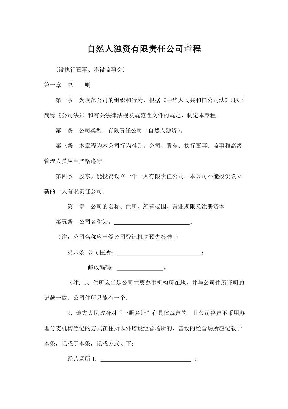 最新自然人独资有限责任公司章程(设执行董事、不设监事会).doc_第1页