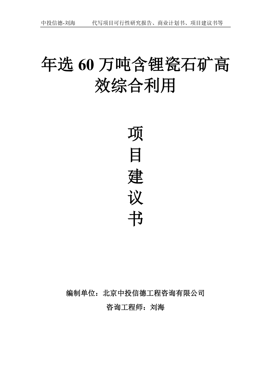 年选60万吨含锂瓷石矿高效综合利用项目建议书写作模板.doc_第1页