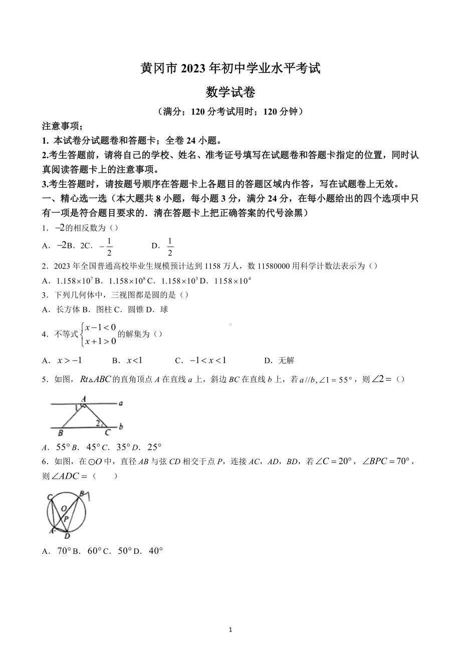 2023年湖北省黄 市中考数学真题.docx_第1页