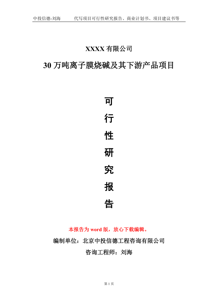 30万吨离子膜烧碱及其下游产品项目可行性研究报告-甲乙丙资信.doc_第1页