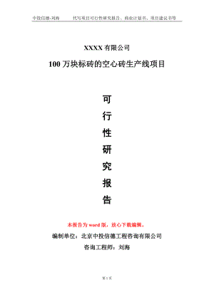 100万块标砖的空心砖生产线项目可行性研究报告-甲乙丙资信.doc