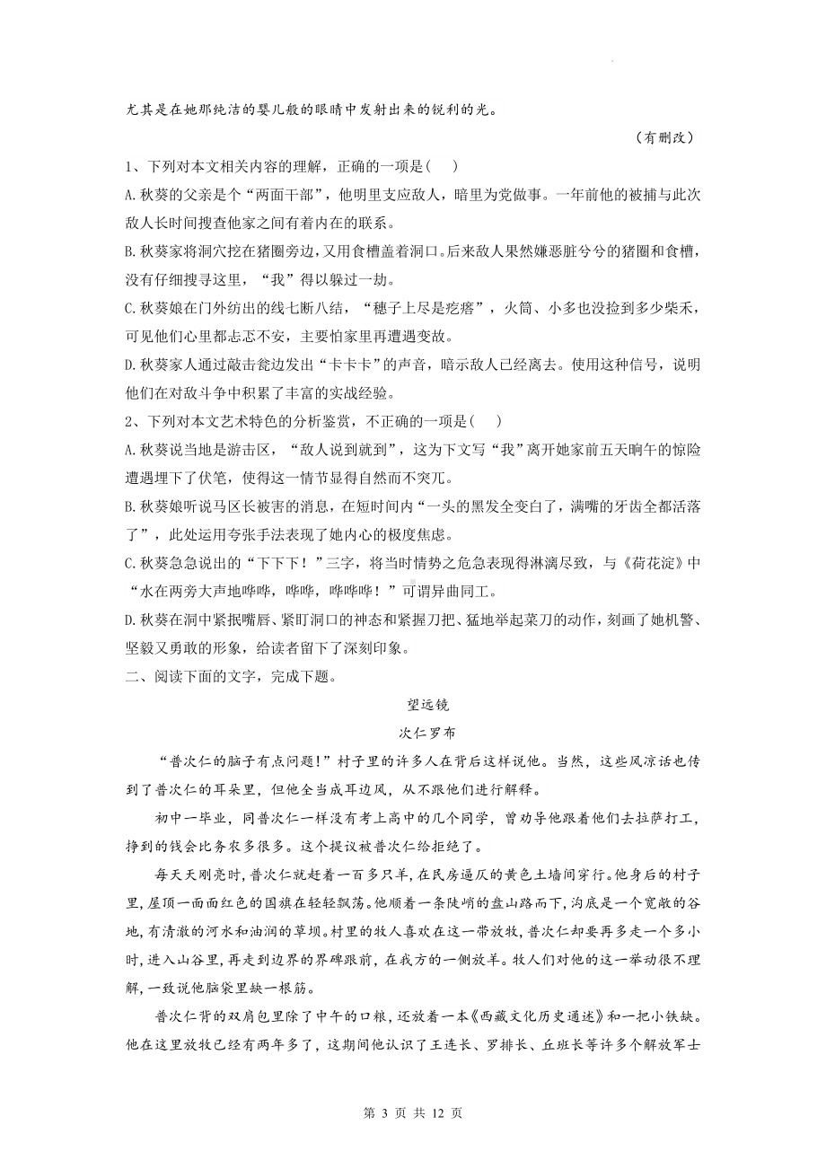 2024届高考语文专题复习：小说客观题 练习题（Word版含答案）.docx_第3页