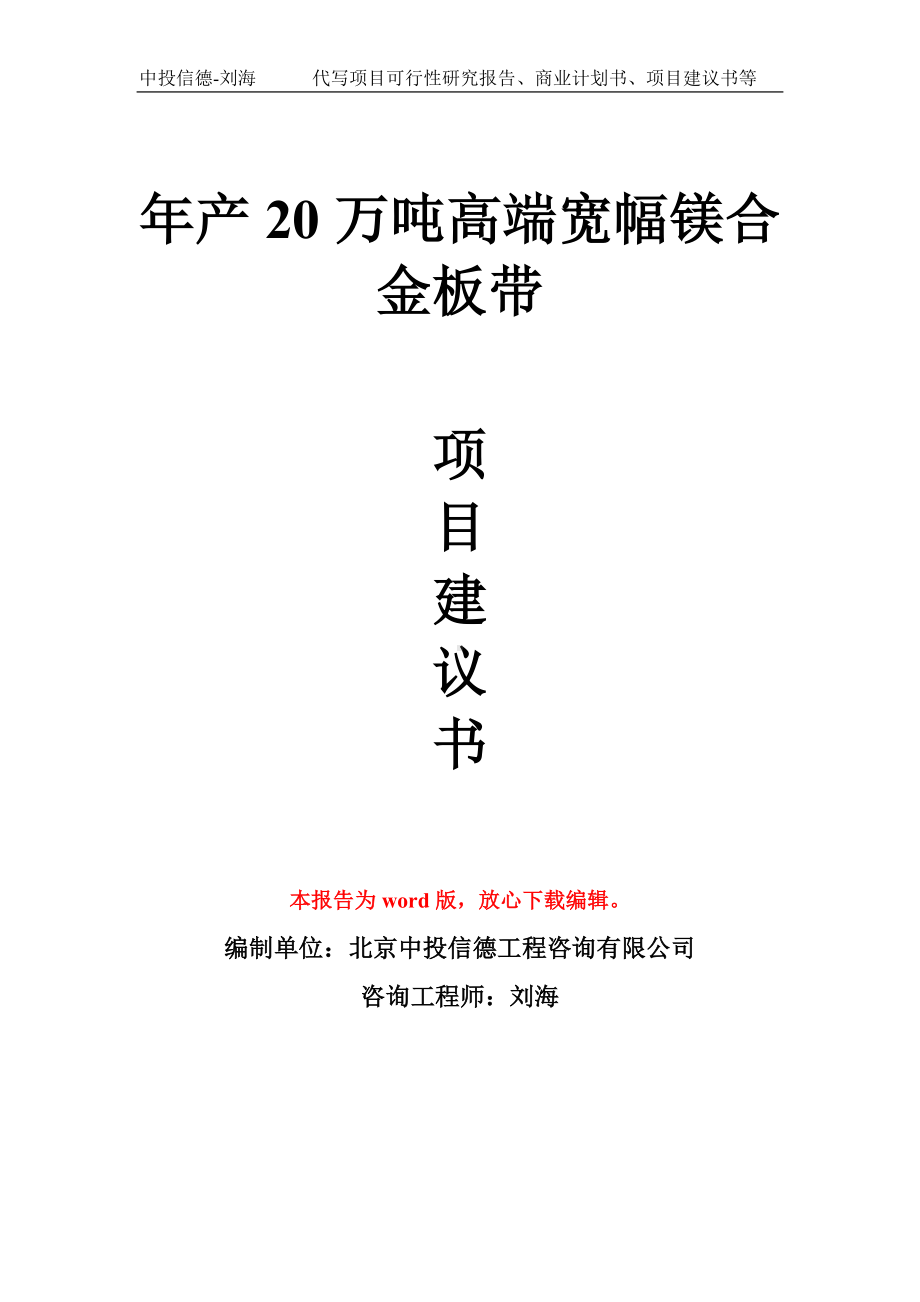 年产20万吨高端宽幅镁合金板带项目建议书写作模板.doc_第1页