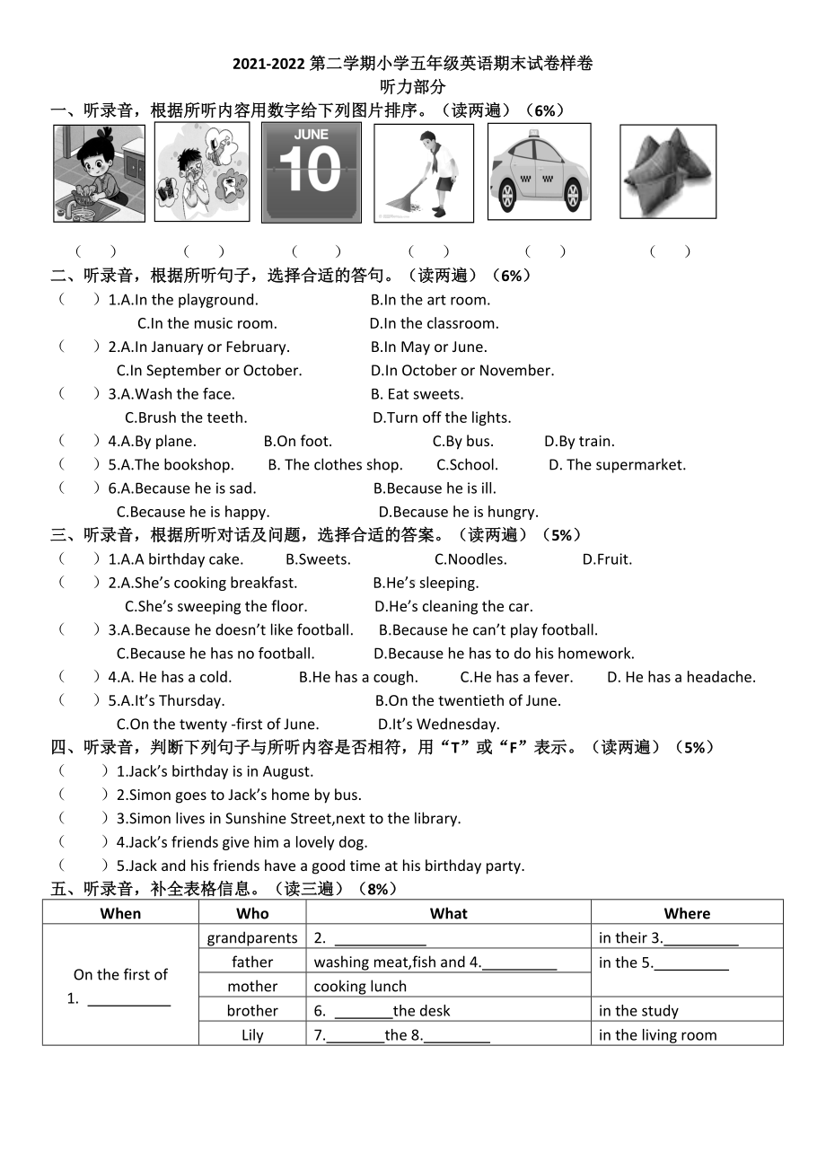 江苏省苏州张家港市2021-2022五年级下学期期末英语试卷.doc_第1页