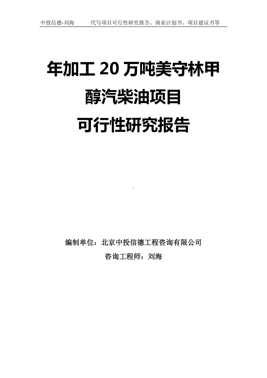 年加工20万吨美守林甲醇汽柴油项目可行性研究报告模板.doc_第1页