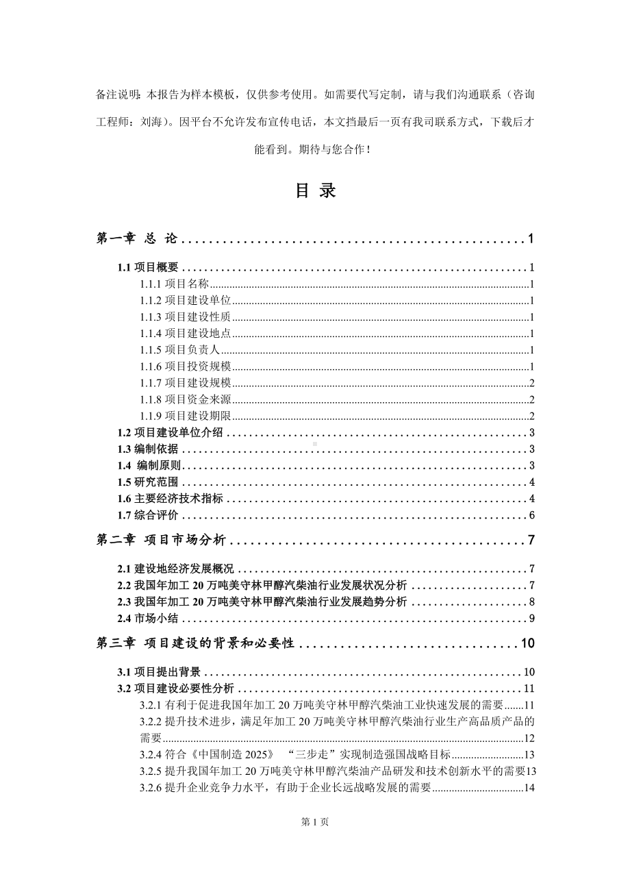 年加工20万吨美守林甲醇汽柴油项目可行性研究报告模板.doc_第2页