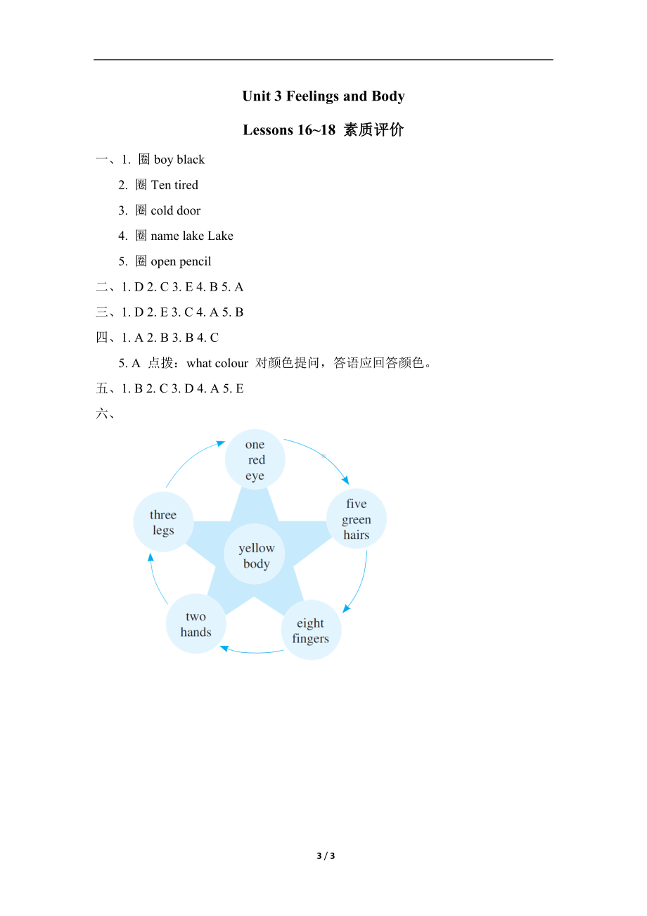 Unit 3 Feelings and BodyLessons 16~18 素质评价冀教版英语三年级上册.doc_第3页