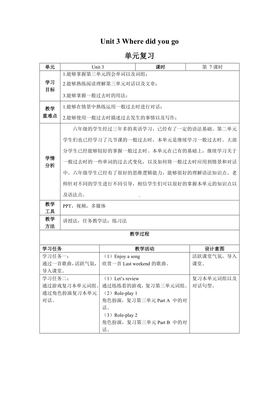 小学英语六年级下册-Unit 3 Where did you go第7课时（教学设计）单元复习.docx_第1页