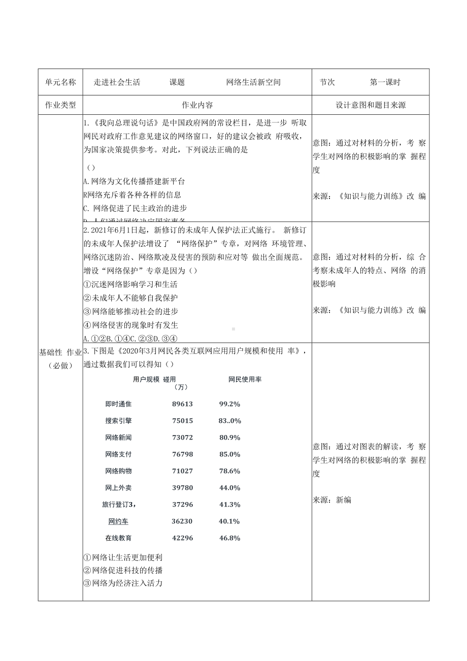 部编人教版道德与法治八年级上册 走进社会生活 网络生活新空间双减分层作业设计案例 样例.docx_第1页